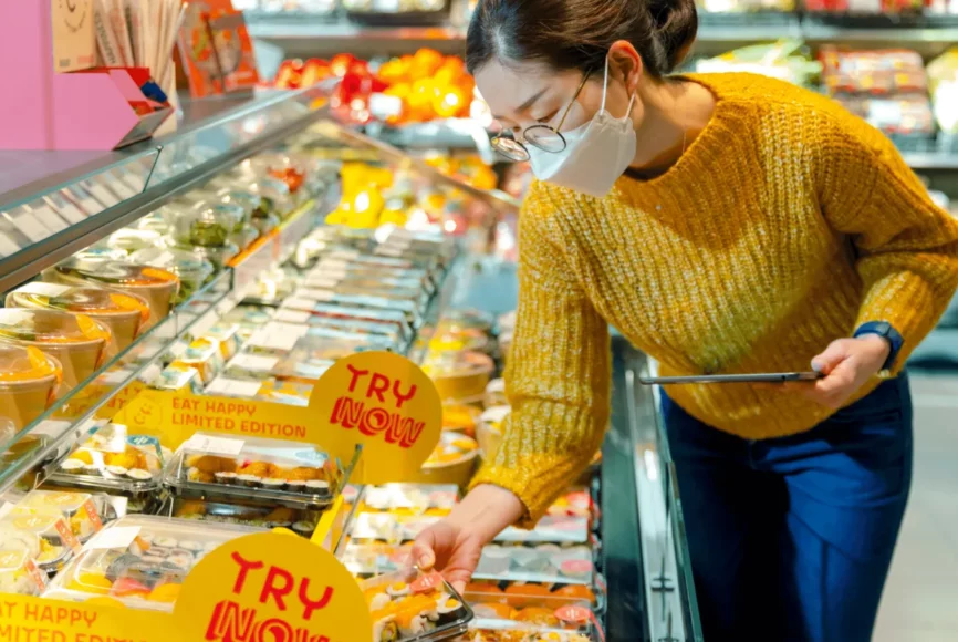 Frau kauft Sushi aus EAT HAPPY Truhe