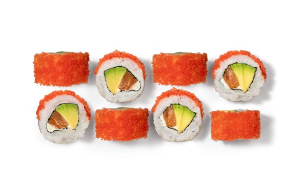 California Masago Avocado: 8x California mit Lachs, Avocado, Frischkäse und Masago.