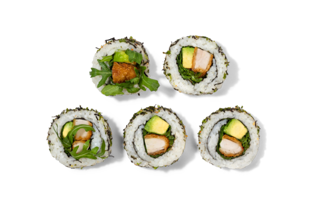 California XL Chicken Katsu: California mit frittiertem Hähnchen-Katsu, Avocado, Rucola, Chilisauce und scharfer Gewürzzubereitung