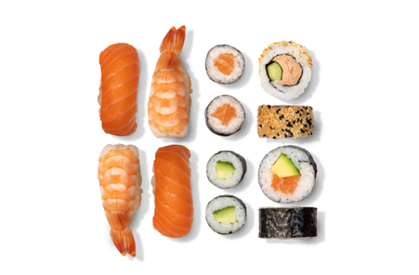 Klassik Mix: 4x Maki (2x Lachs, 2x Gurke); 4x Nigiri (2x Lachs, 2x Garnele); 2x California mit Thunfischfüllung; 2x Futomaki mit Lachs und Avocado