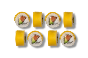 Rainbow Mango: 8x California with salmon, avocado, cream cheese and mango.