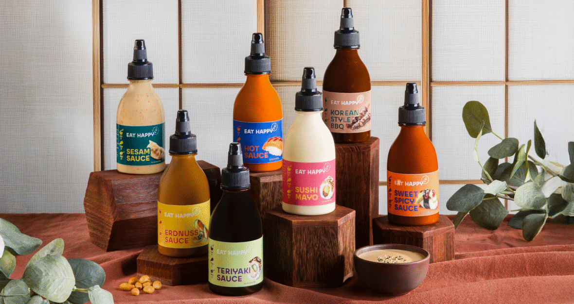 alle Saucen der neuen EAT HAPPY Saucen Range auf einem Bild