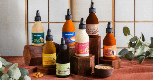 alle Saucen der neuen EAT HAPPY Saucen Range auf einem Bild